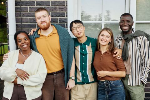 Happy Friends Posing Smiling at Camera Stock Photo, ft. neighbors & happy man
