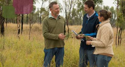 image of 3 people talking in a field